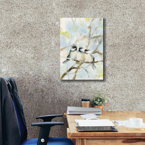 Image of 'Three Chickadees in Spring' by Katrina Pete, Giclee Canvas Wall Art,18x26