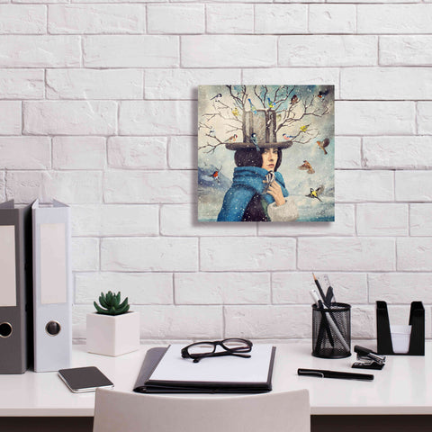 Image of 'The Lady With The Bird Feeder Hat' by Paula Belle Flores, Giclee Canvas Wall Art,12 x 12