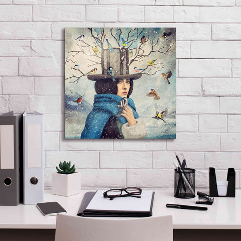 Image of 'The Lady With The Bird Feeder Hat' by Paula Belle Flores, Giclee Canvas Wall Art,18 x 18