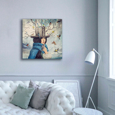 Image of 'The Lady With The Bird Feeder Hat' by Paula Belle Flores, Giclee Canvas Wall Art,37 x 37