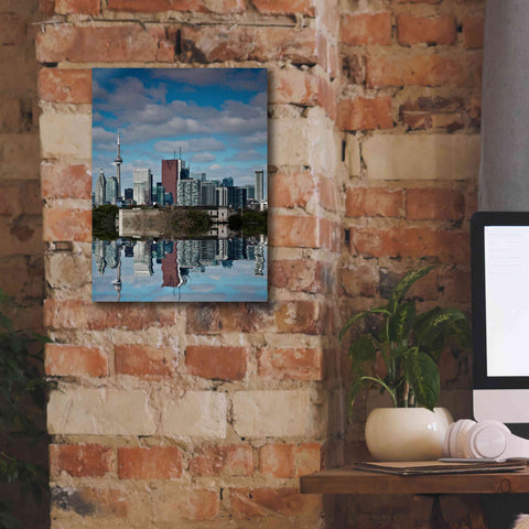 Image of 'Toronto Skyline From The Pape Ave Bridge Reflection No 1' by Brian Carson, Giclee Canvas Wall Art,12 x 16