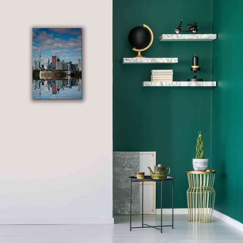 Image of 'Toronto Skyline From The Pape Ave Bridge Reflection No 1' by Brian Carson, Giclee Canvas Wall Art,18 x 26