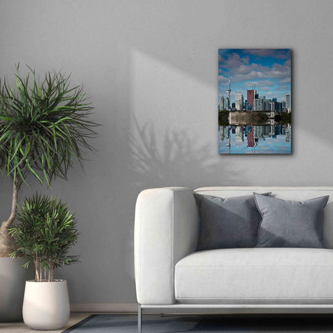 Image of 'Toronto Skyline From The Pape Ave Bridge Reflection No 1' by Brian Carson, Giclee Canvas Wall Art,18 x 26