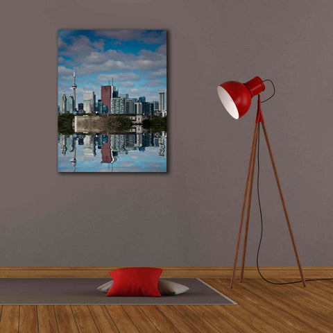 Image of 'Toronto Skyline From The Pape Ave Bridge Reflection No 1' by Brian Carson, Giclee Canvas Wall Art,26 x 34