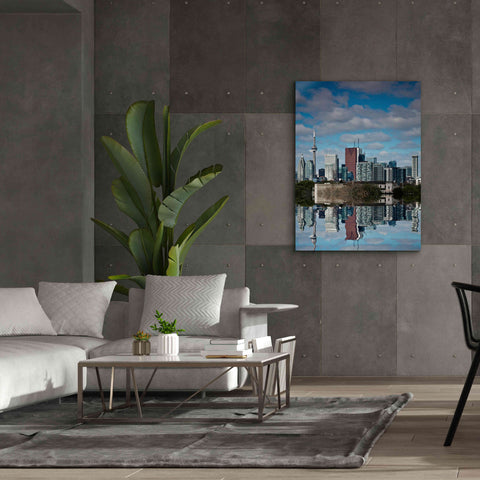 Image of 'Toronto Skyline From The Pape Ave Bridge Reflection No 1' by Brian Carson, Giclee Canvas Wall Art,40 x 54