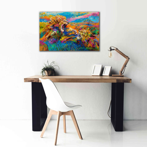 Image of 'Pride Fight in the Savanna African Lions' by Jace D McTier, Giclee Canvas Wall Art,40 x 26