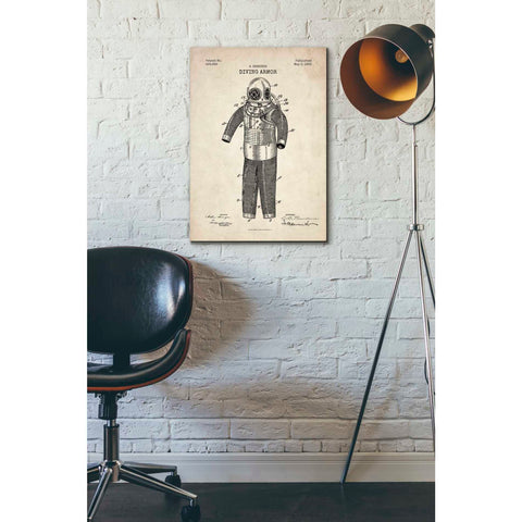 Image of 'Diving Armor Blueprint Parchment Patent' Canvas Wall Art,18 x 26