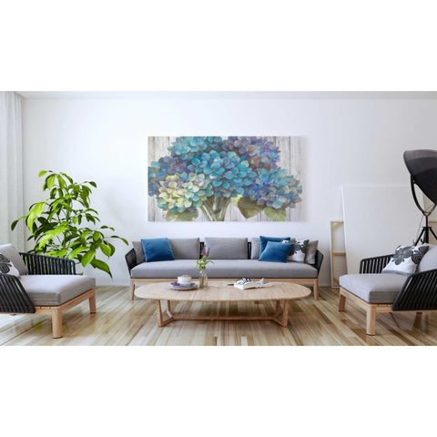 Image of 'Turquoise Hydrangea on Barn Board' by Albena Hristova, Canvas Wall Art,60 x 40