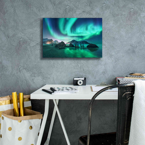 Image of 'Green Aurora Borealis And People' by Epic Portfolio, Giclee Canvas Wall Art,18x12