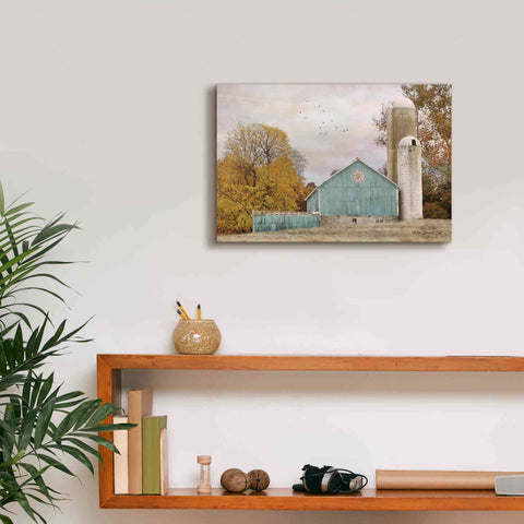 Image of 'Teal Barn and Silo' by Lori Deiter, Canvas Wall Art,18 x 12