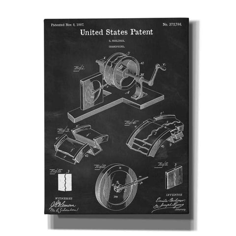 Image of 'Gramophone, 1887 Blueprint Patent Chalkboard,' Canvas Wall Art,12x16x1.1x0,18x26x1.1x0,26x34x1.74x0,40x54x1.74x0