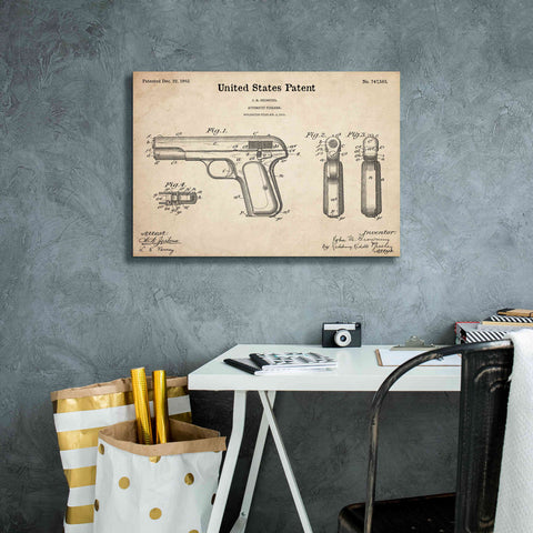 Image of 'Pistol Blueprint Patent Parchment,' Canvas Wall Art,26 x 18