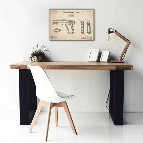 Image of 'Pistol Blueprint Patent Parchment,' Canvas Wall Art,26 x 18