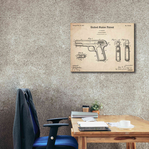 Image of 'Pistol Blueprint Patent Parchment,' Canvas Wall Art,34 x 26