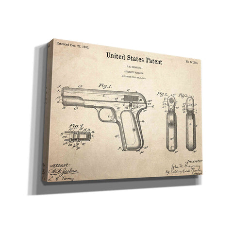 Image of 'Pistol Blueprint Patent Parchment,' Canvas Wall Art,16x12x1.1x0,26x18x1.1x0,34x26x1.74x0,54x40x1.74x0