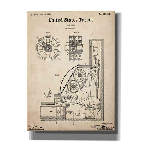 Image of 'Cash Register Blueprint Patent Parchment,' Canvas Wall Art,12x16x1.1x0,18x26x1.1x0,26x34x1.74x0,40x54x1.74x0