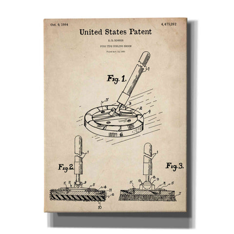 Image of 'Curling Broom Blueprint Patent Parchment,' Canvas Wall Art,12x16x1.1x0,18x26x1.1x0,26x34x1.74x0,40x54x1.74x0