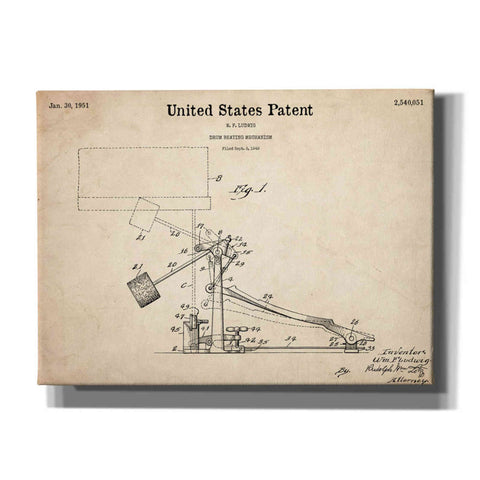 Image of 'Drum Beating Mechanism Blueprint Patent Parchment,' Canvas Wall Art,16x12x1.1x0,26x18x1.1x0,34x26x1.74x0,54x40x1.74x0