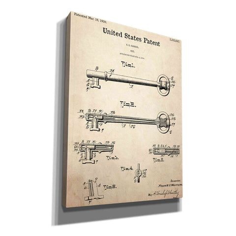 Image of 'Vintage Key Blueprint Patent Parchment,' Canvas Wall Art,12x16x1.1x0,18x26x1.1x0,26x34x1.74x0,40x54x1.74x0