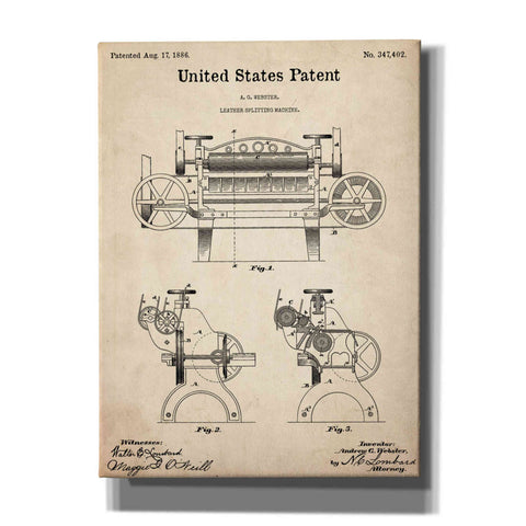 Image of 'Leather Splitting Machine Blueprint Patent Parchment,' Canvas Wall Art,12x16x1.1x0,18x26x1.1x0,26x34x1.74x0,40x54x1.74x0