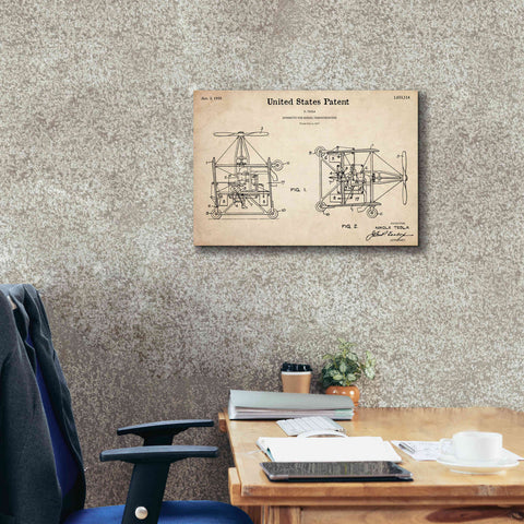Image of 'Tesla Aerial Apparatus Blueprint Patent Parchment,' Canvas Wall Art,26 x 18