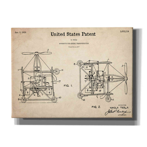 Image of 'Tesla Aerial Apparatus Blueprint Patent Parchment,' Canvas Wall Art,16x12x1.1x0,26x18x1.1x0,34x26x1.74x0,54x40x1.74x0