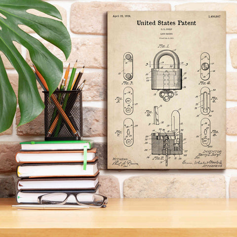 Image of 'Lock Blueprint Patent Parchment,' Canvas Wall Art,12 x 16
