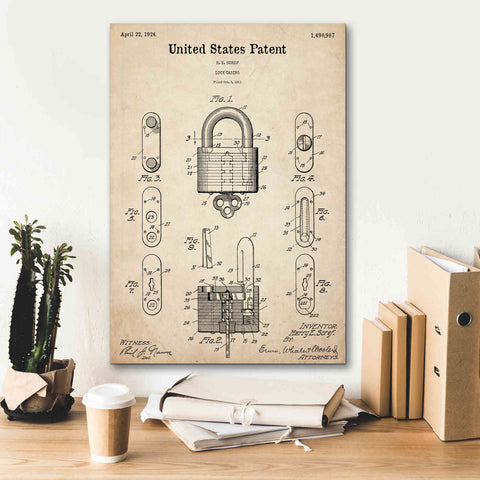Image of 'Lock Blueprint Patent Parchment,' Canvas Wall Art,18 x 26