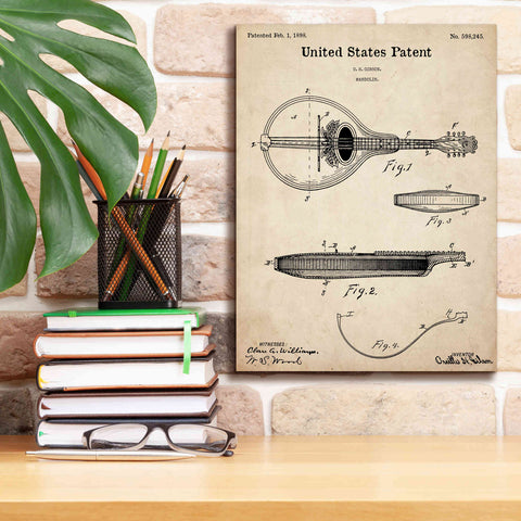 Image of 'Mandolin Blueprint Patent Parchment,' Canvas Wall Art,12 x 16