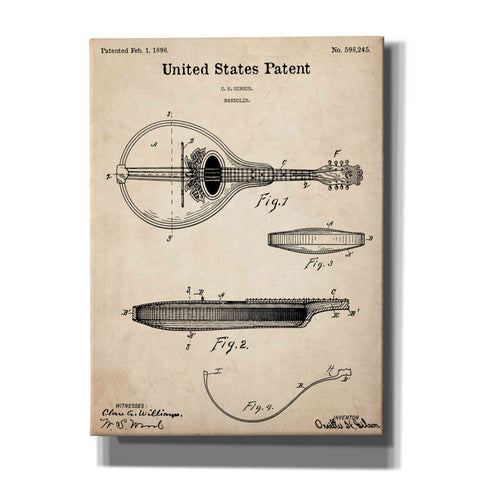 Image of 'Mandolin Blueprint Patent Parchment,' Canvas Wall Art,12x16x1.1x0,18x26x1.1x0,26x34x1.74x0,40x54x1.74x0