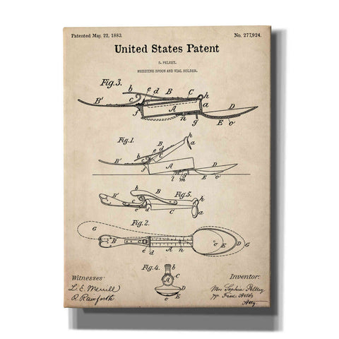 Image of 'Medicine Spoon Blueprint Patent Parchment,' Canvas Wall Art,12x16x1.1x0,18x26x1.1x0,26x34x1.74x0,40x54x1.74x0