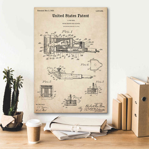 Image of 'Motor Hair Clipper Blueprint Patent Parchment,' Canvas Wall Art,18 x 26