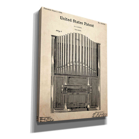 Image of 'Pipe Organ Blueprint Patent Parchment,' Canvas Wall Art,12x16x1.1x0,18x26x1.1x0,26x34x1.74x0,40x54x1.74x0