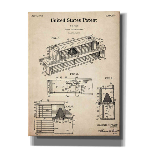 Image of 'Queen and Drone Trap Blueprint Patent Parchment,' Canvas Wall Art,12x16x1.1x0,18x26x1.1x0,26x34x1.74x0,40x54x1.74x0