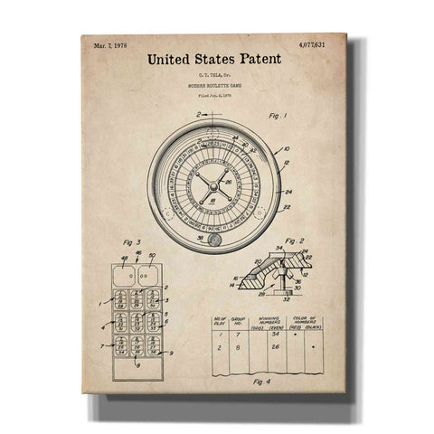 Image of 'Roulette Blueprint Patent Parchment,' Canvas Wall Art,12x16x1.1x0,18x26x1.1x0,26x34x1.74x0,40x54x1.74x0