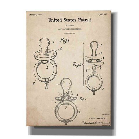 Image of 'Baby Pacifier Blueprint Patent Parchment,' Canvas Wall Art,12x16x1.1x0,18x26x1.1x0,26x34x1.74x0,40x54x1.74x0