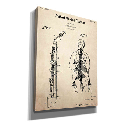 Image of 'Soprano Saxophone Blueprint Patent Parchment,' Canvas Wall Art,12x16x1.1x0,18x26x1.1x0,26x34x1.74x0,40x54x1.74x0