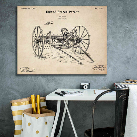 Image of 'Horse Drawn Hay Rake Blueprint Patent Parchment,' Canvas Wall Art,34 x 26