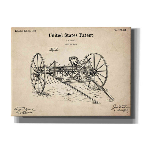Image of 'Horse Drawn Hay Rake Blueprint Patent Parchment,' Canvas Wall Art,16x12x1.1x0,26x18x1.1x0,34x26x1.74x0,54x40x1.74x0