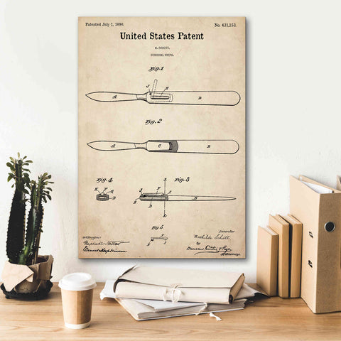 Image of 'Surgical Knife Blueprint Patent Parchment,' Canvas Wall Art,18 x 26