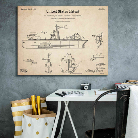 Image of 'Non-Sinkable Vessel Blueprint Patent Parchment,' Canvas Wall Art,34 x 26