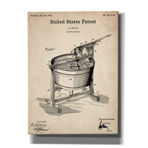 Image of 'Washing Machine Blueprint Patent Parchment,' Canvas Wall Art,12x16x1.1x0,18x26x1.1x0,26x34x1.74x0,40x54x1.74x0