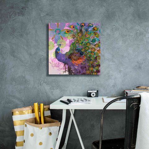Image of 'Peacock Prance' by Evelia Designs Giclee Canvas Wall Art,18 x 18