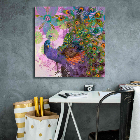 Image of 'Peacock Prance' by Evelia Designs Giclee Canvas Wall Art,26 x 26