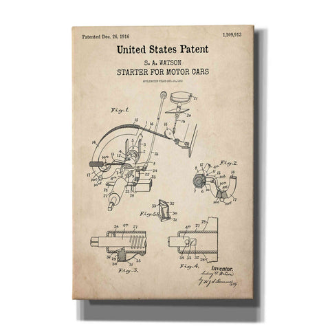 Image of 'Starter for Motor Cars Blueprint Patent Parchment,' Canvas Wall Art