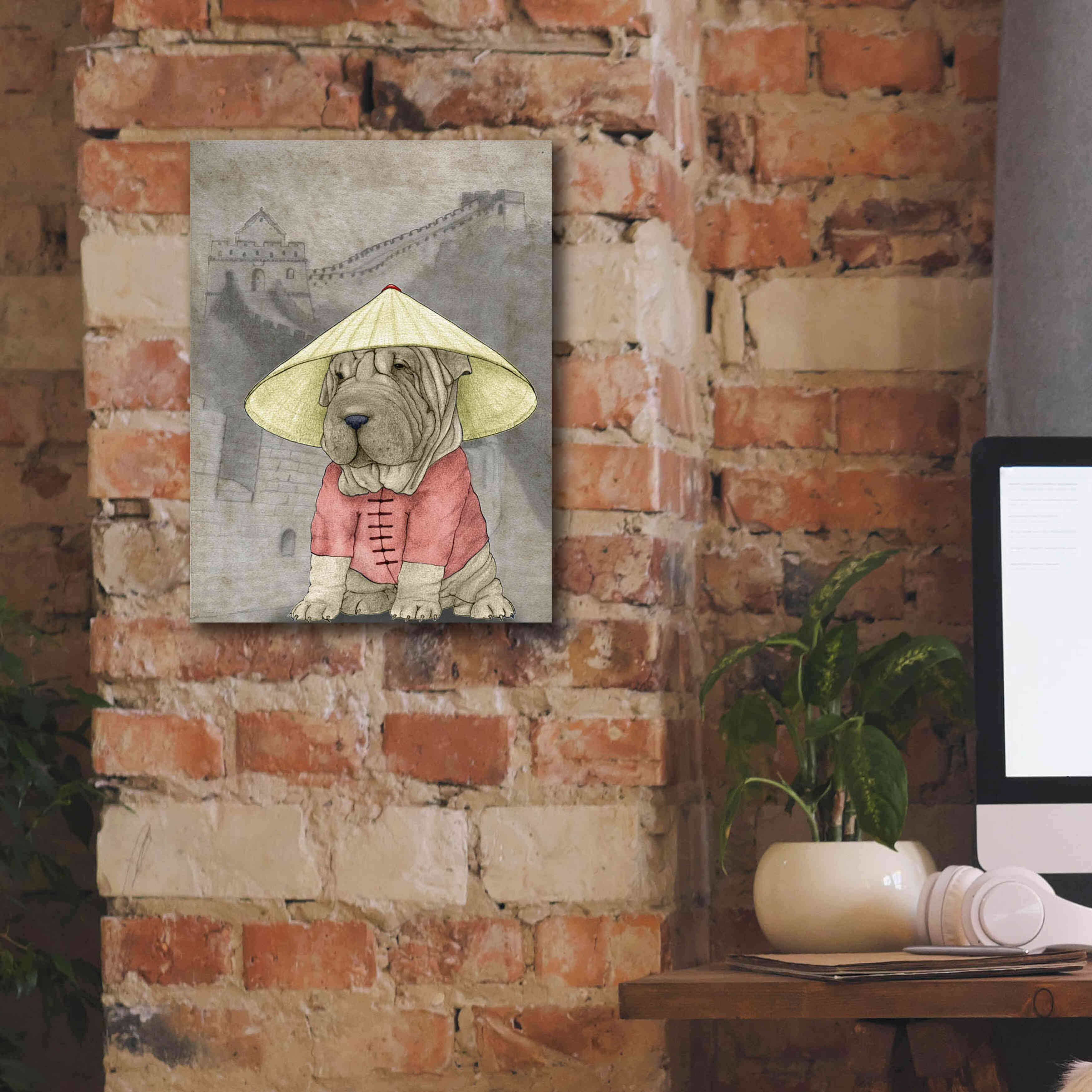 'Shar Pei with the Great Wall' by Barruf Giclee Canvas Wall Art,12x16