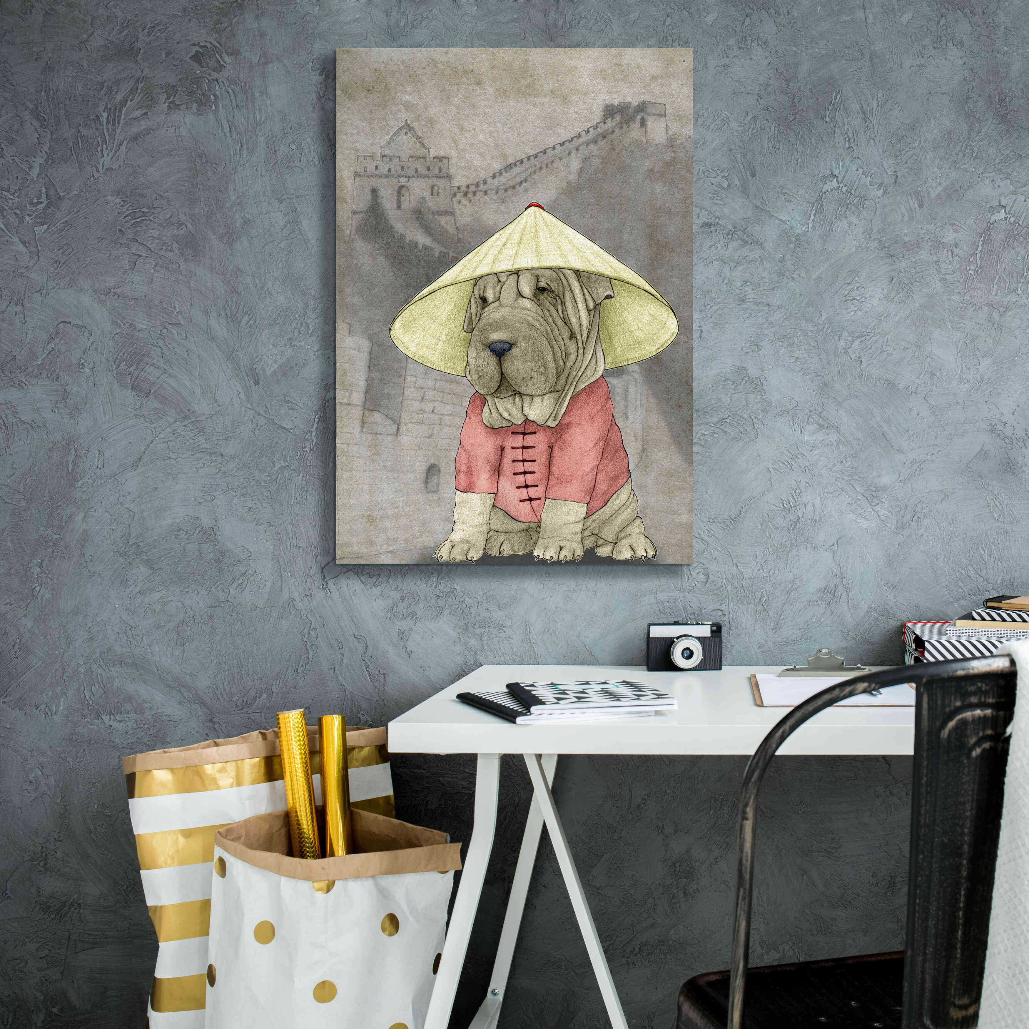 'Shar Pei with the Great Wall' by Barruf Giclee Canvas Wall Art,18x26