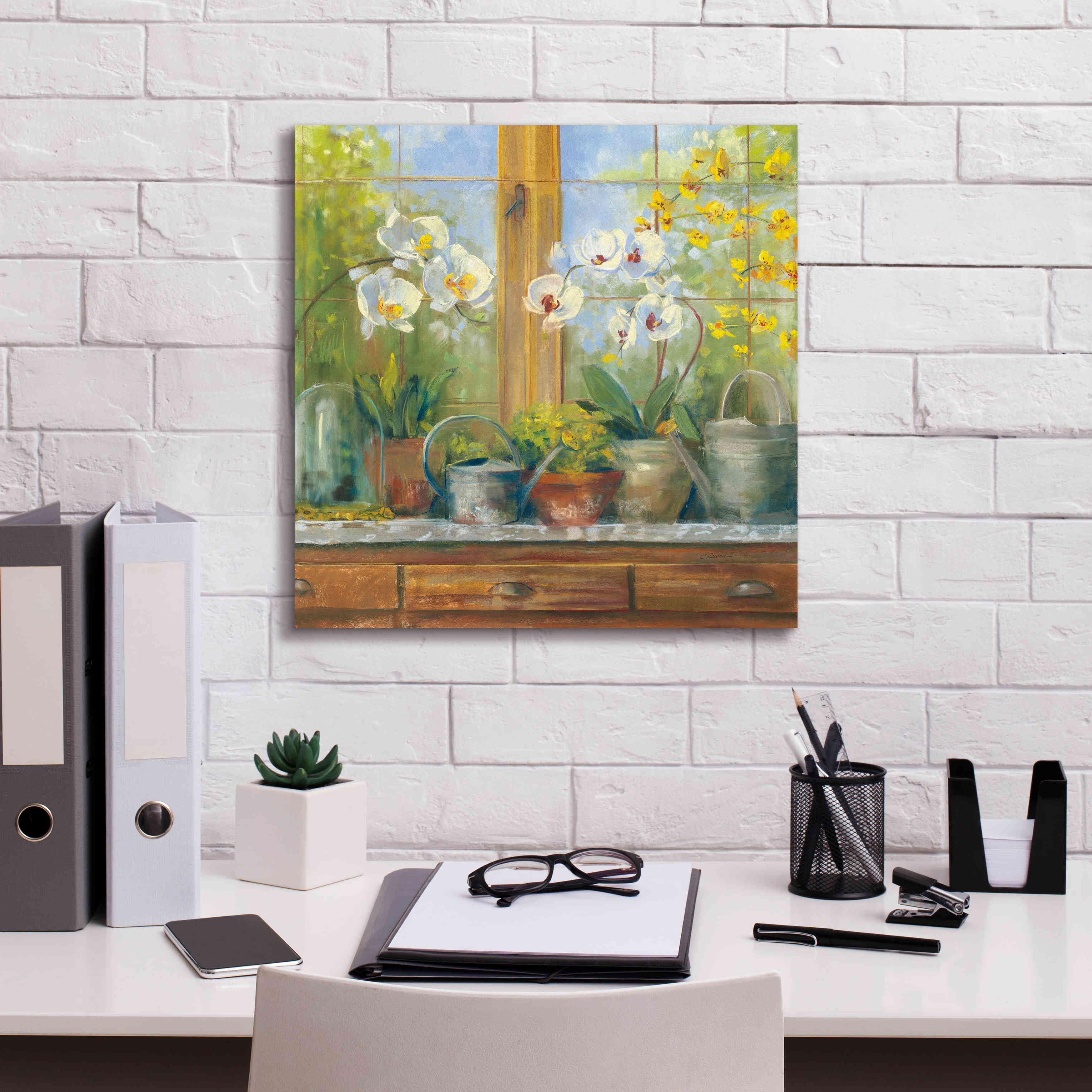 'Gardeners Table Orchids' by Carol Rowan, Giclee Canvas Wall Art,18x18
