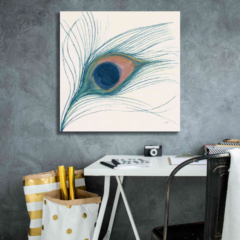 Image of 'Peacock Feather I Blue' by Miranda Thomas, Giclee Canvas Wall Art,26x26