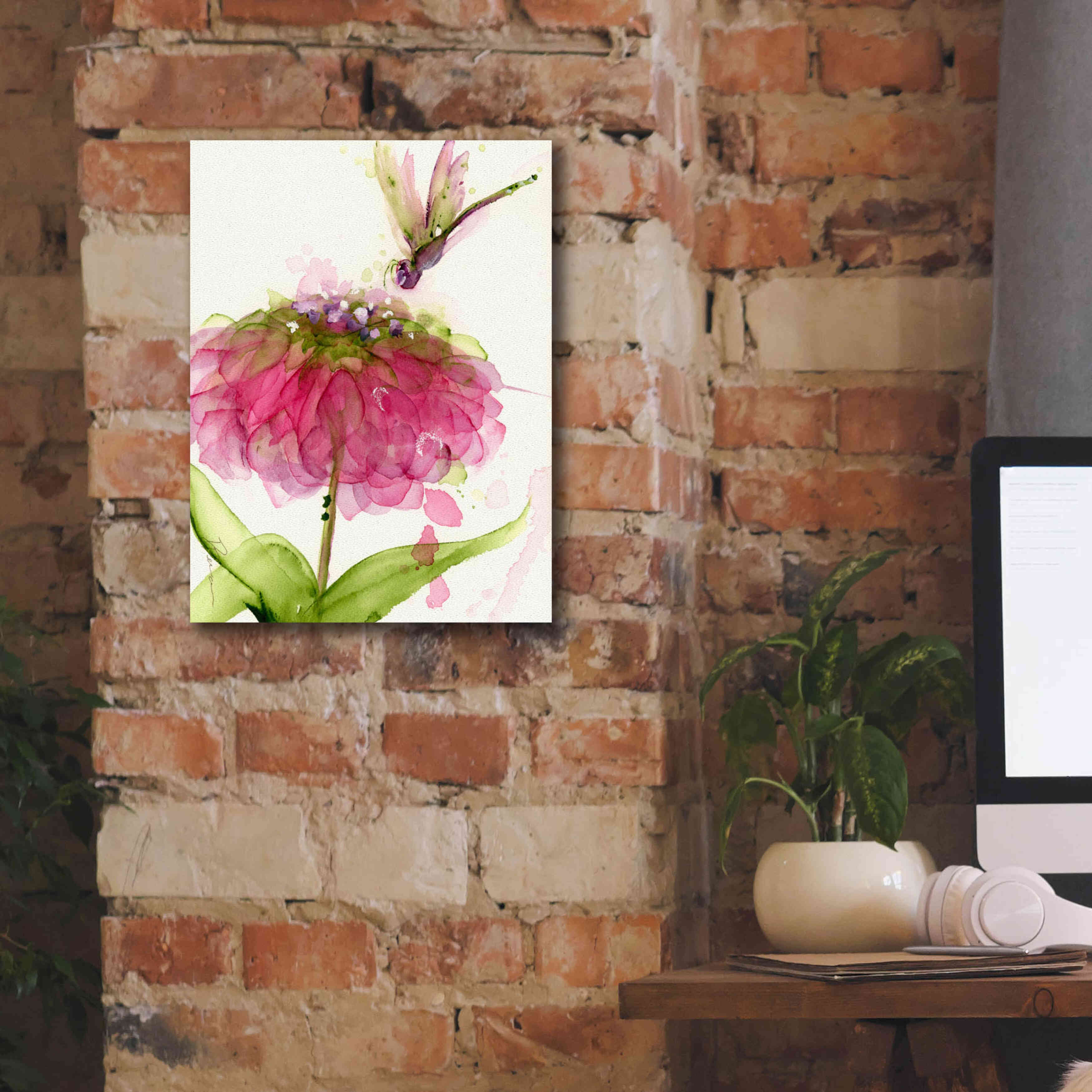 'Dragonfly and Zinnia' by Dawn Derman, Giclee Canvas Wall Art,12x16